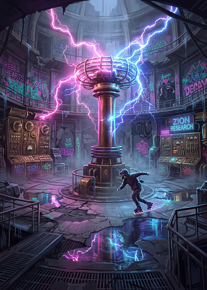 Cyberpunk Rollerblader in Tesla Coil Lab
