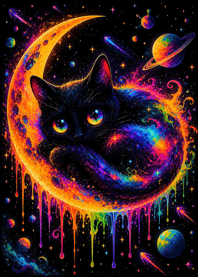 Cosmic Black Cat on Crescent Moon