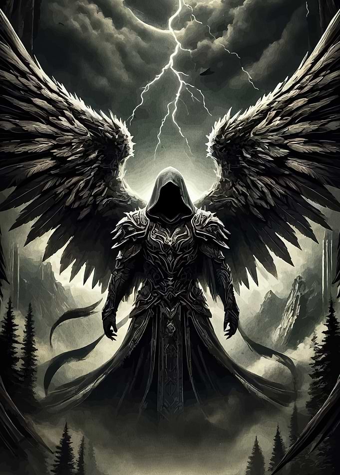 Dark Angel Warrior in Stormy Landscape