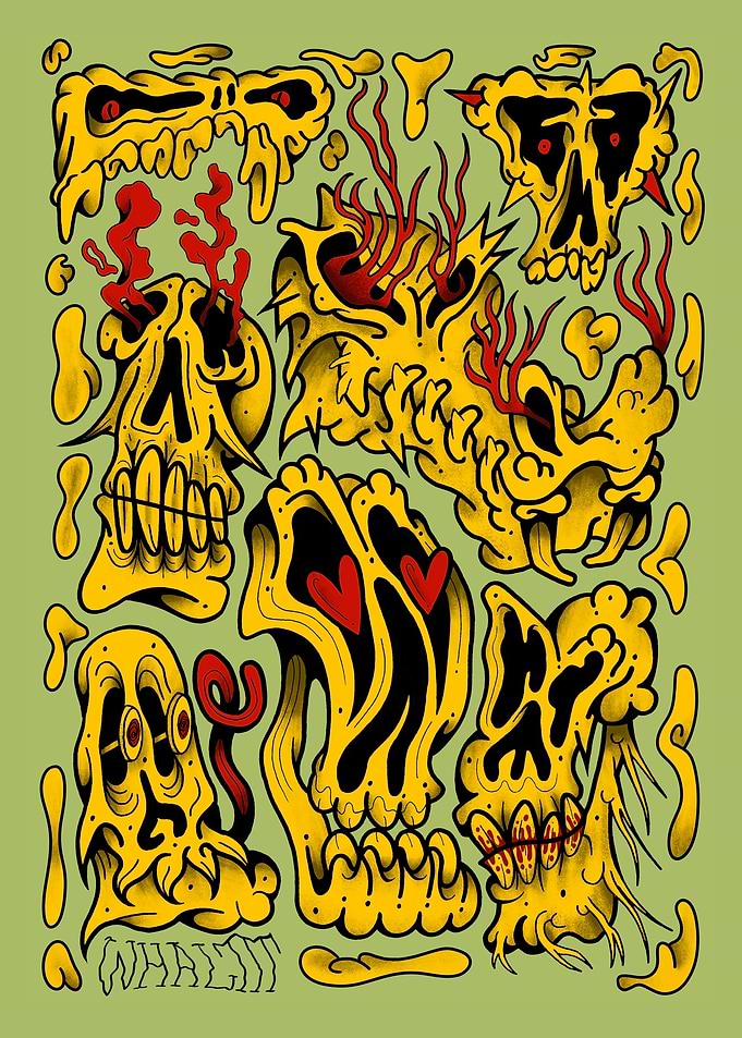 Melting Skulls with Red Flames