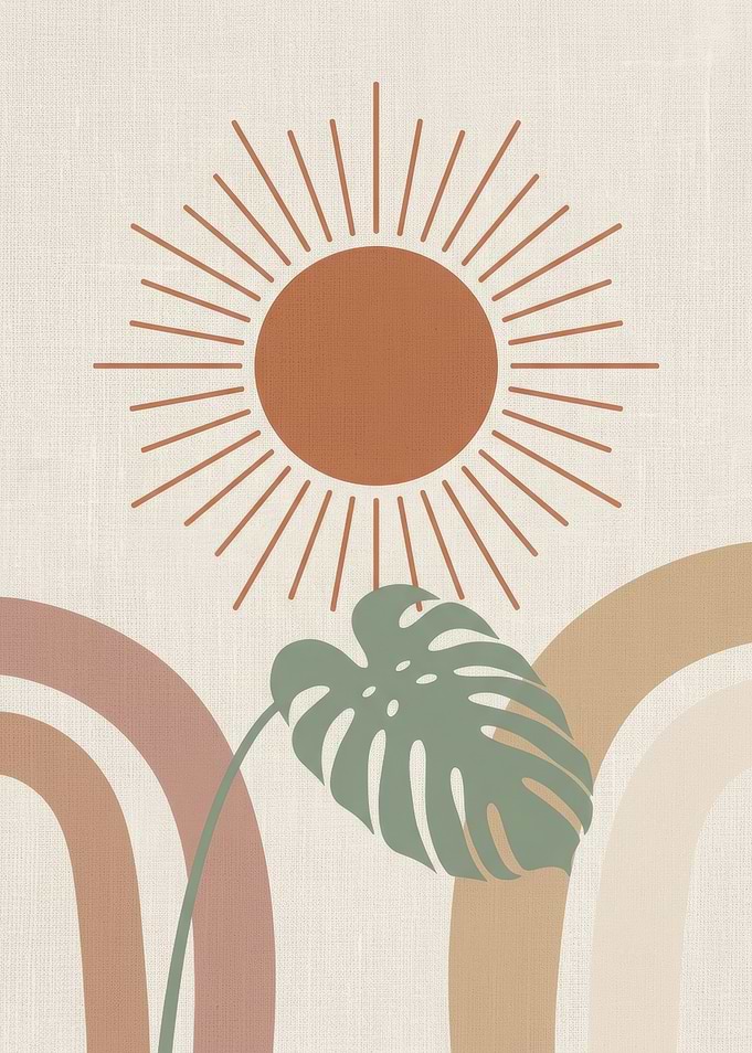 Boho Sun and Monstera Leaf Art