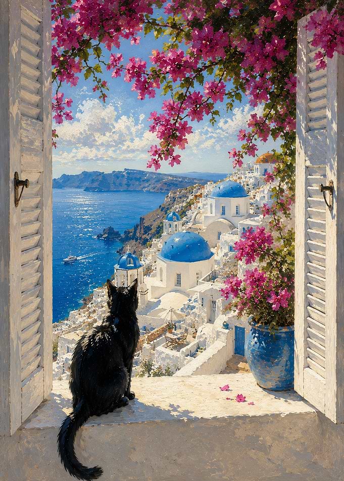 Black Cat Gazes at Santorini