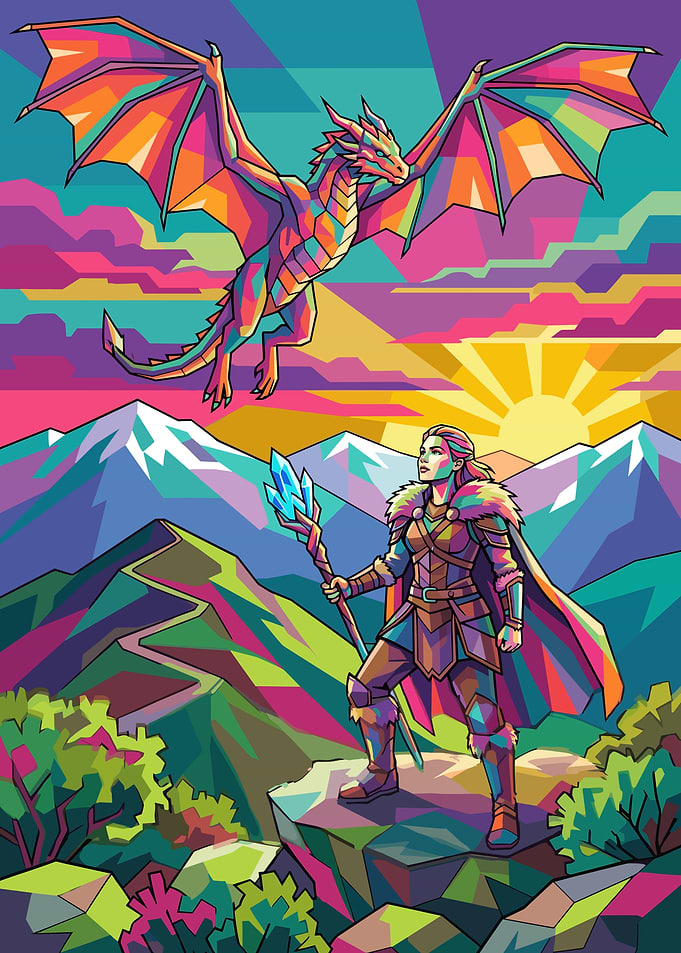 Fantasy Warrior and Dragon at Sunset
