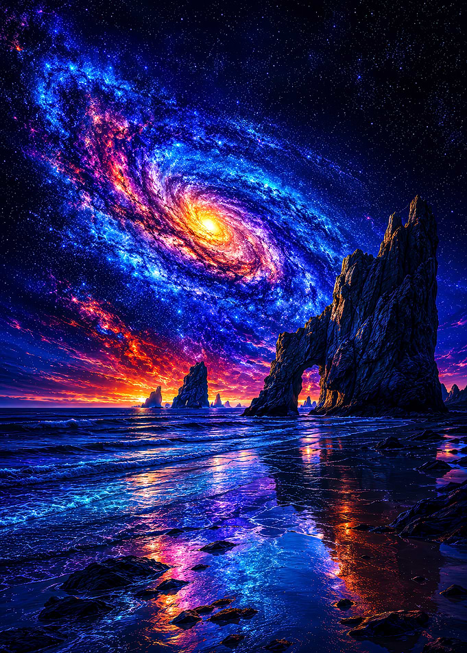 Cosmic Galaxy Over Ocean Arch