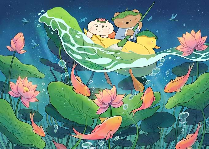 Cute Animals Boating in a Lotus Pond