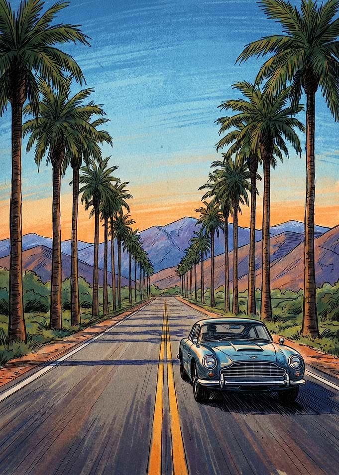 Classic Car on Palm Tree Lined Road