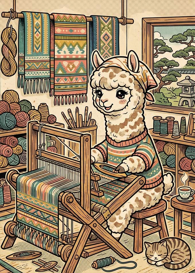 Llama Weaving with Cat Companion