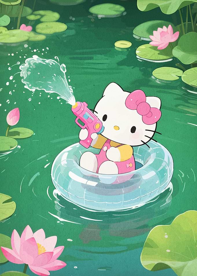 Hello Kitty with Water Gun in Lotus Pond
