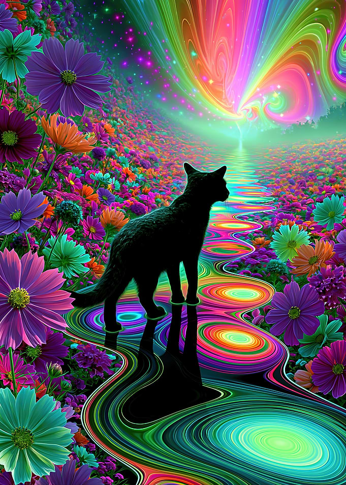 Black Cat in a Psychedelic Floral Landscape