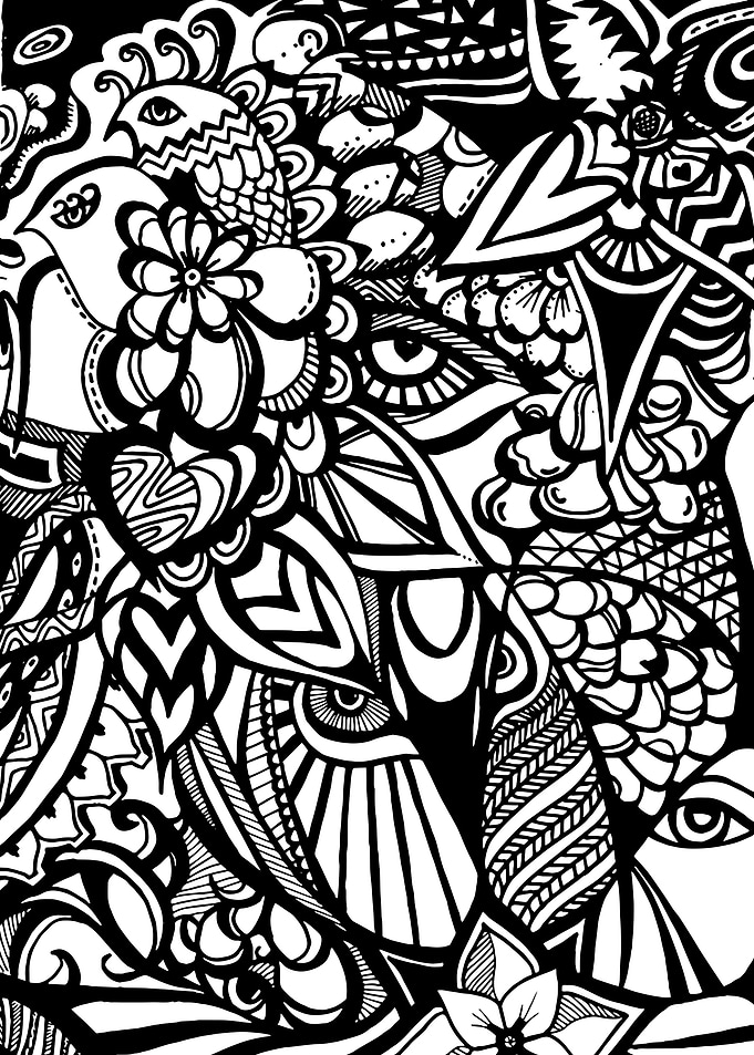 Intricate Black and White Abstract Floral and Animal Design