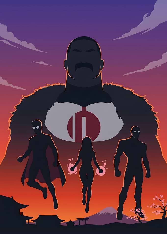 Superheroes silhouetted against a Japanese sunset
