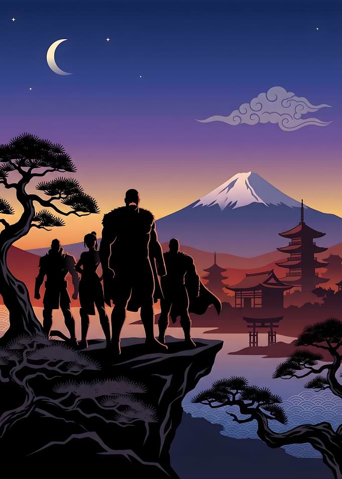Heroes overlooking Mount Fuji at sunset