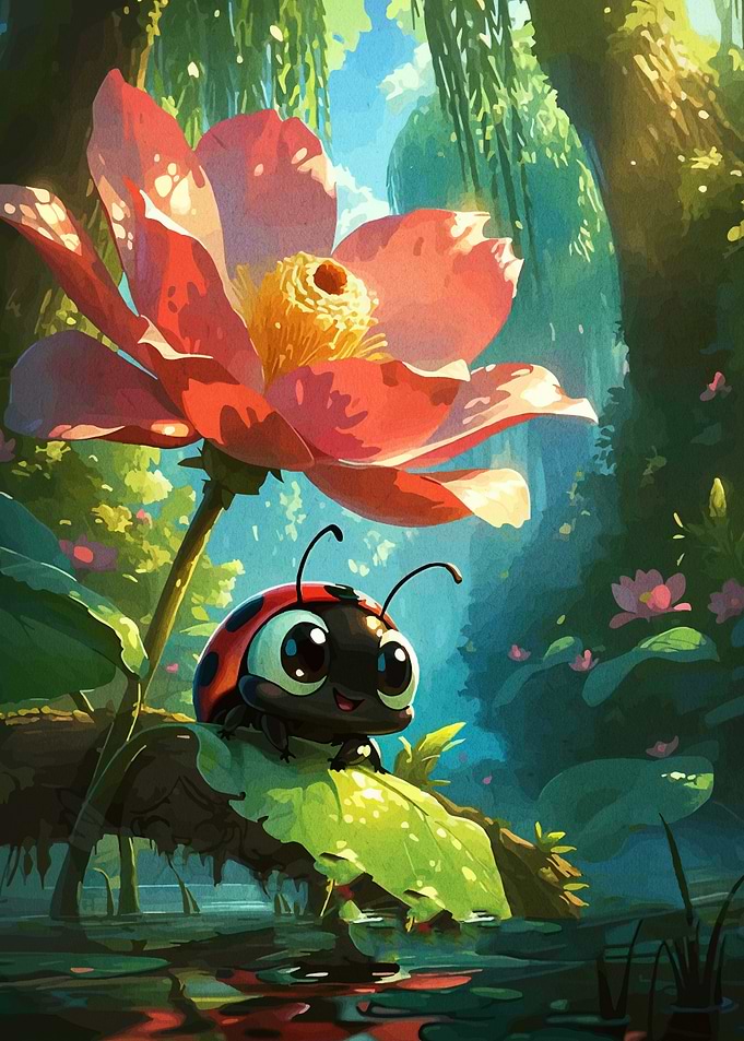 Cute Ladybug Under a Lotus Flower