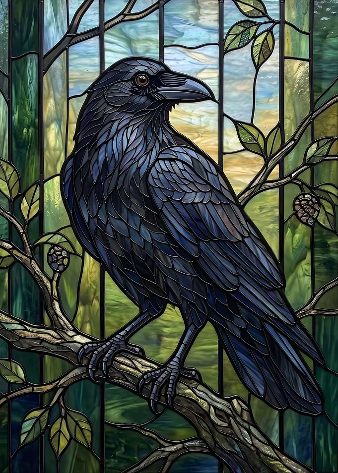 Stained Glass Raven on a Branch