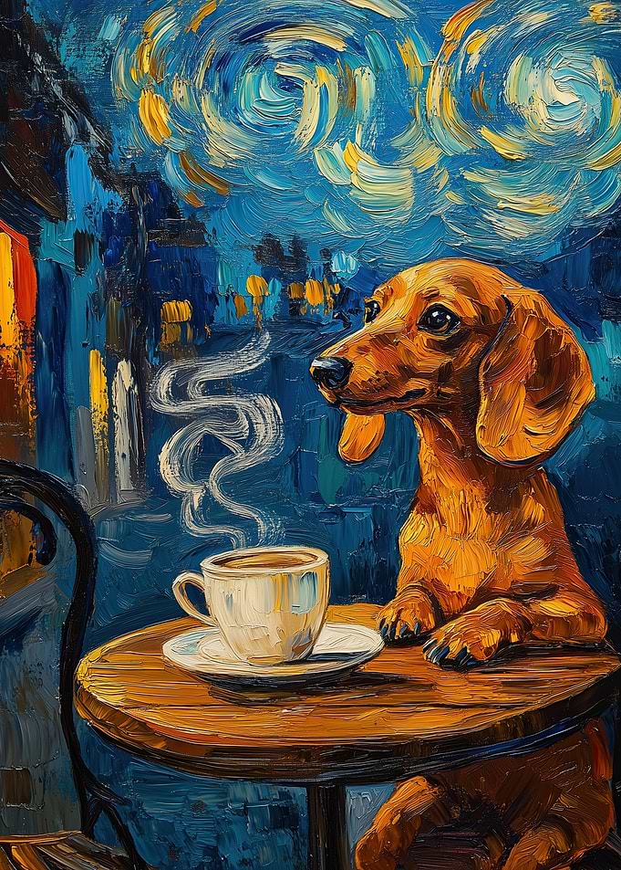 Dachshund Enjoying Coffee in Starry Night Style
