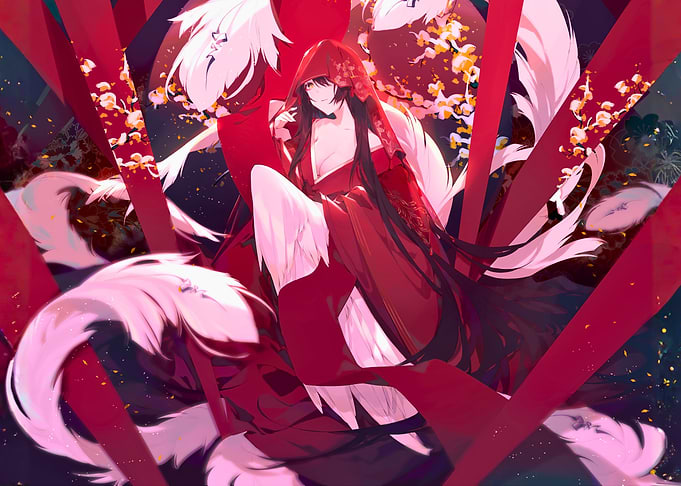 Kitsune Woman in Red Kimono