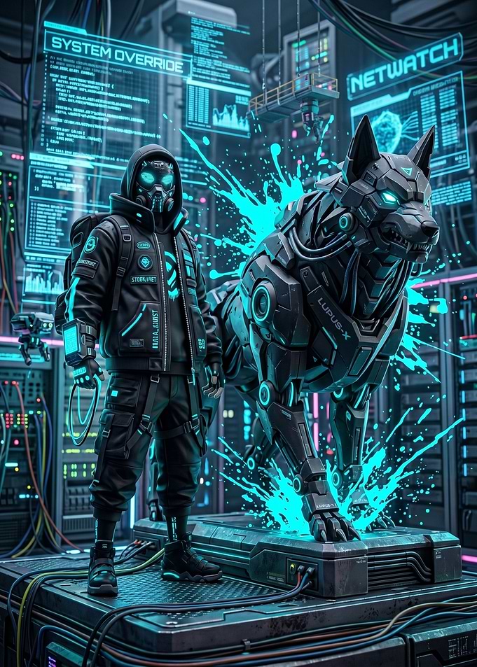 Cyberpunk Hacker and Robotic Wolf