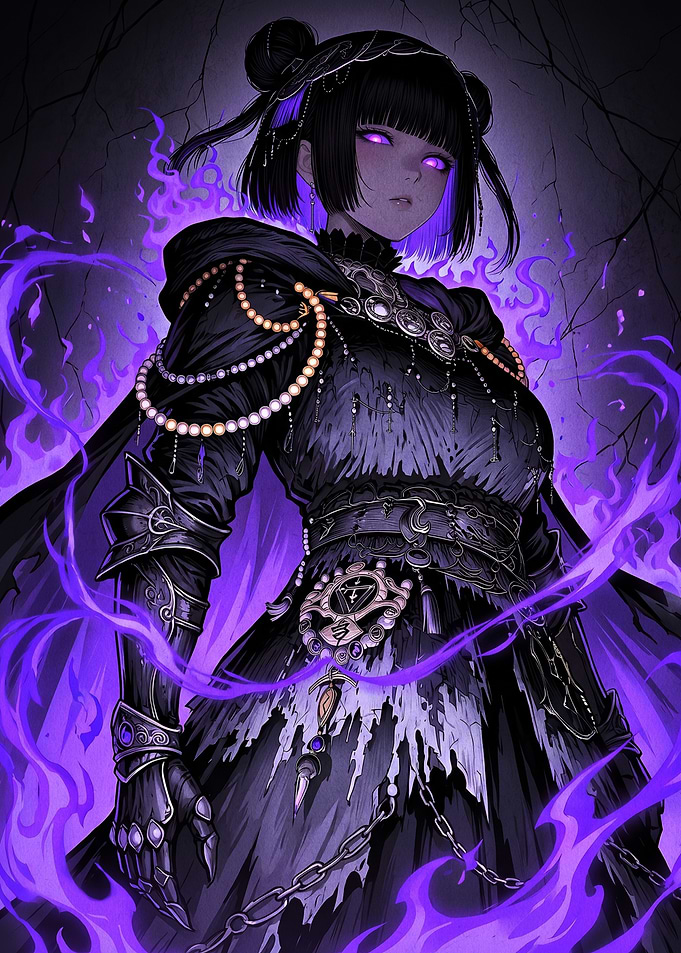 Dark Fantasy Sorceress with Purple Flames