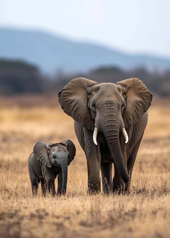 Mother and baby elephant in savanna