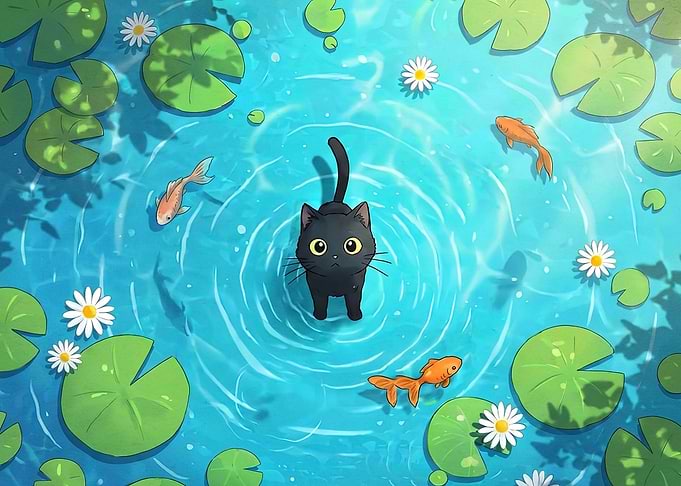 Cute Black Cat Watching Goldfish