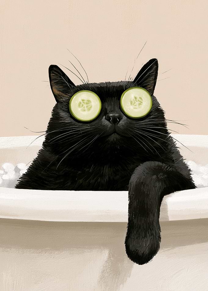Black Cat Relaxing in Bathtub with Cucumbers