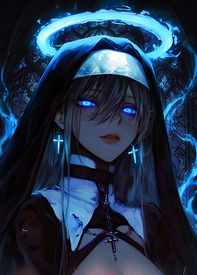 Anime Nun with Blue Halo and Eyes