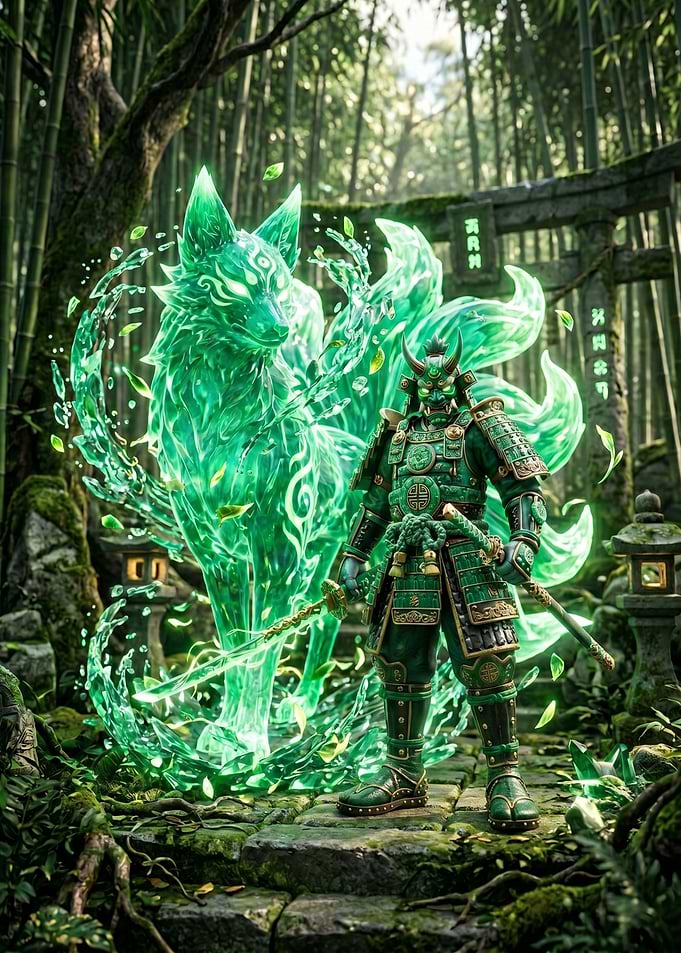 Samurai with Spirit Fox in Bamboo Forest