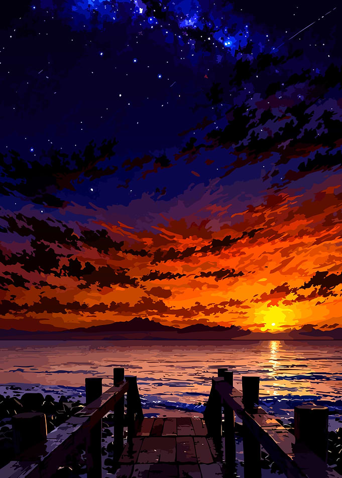 Sunset Over Ocean With Starry Sky