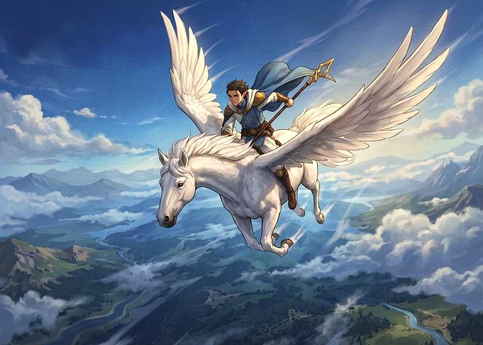 Man Riding a Pegasus Over Mountains