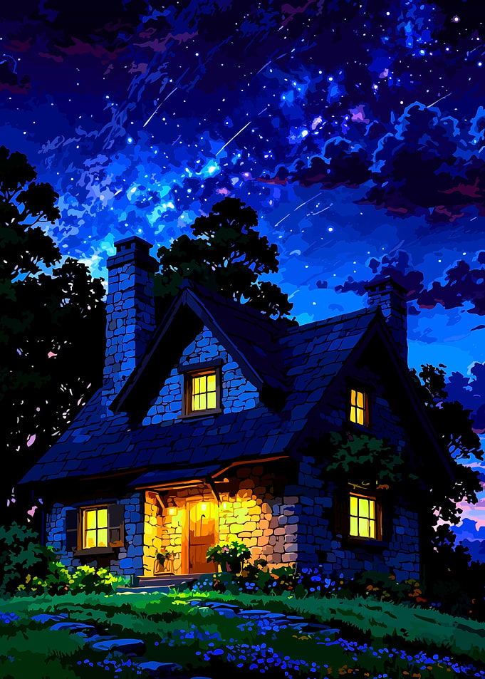 Cozy Stone Cottage Under a Starry Night Sky