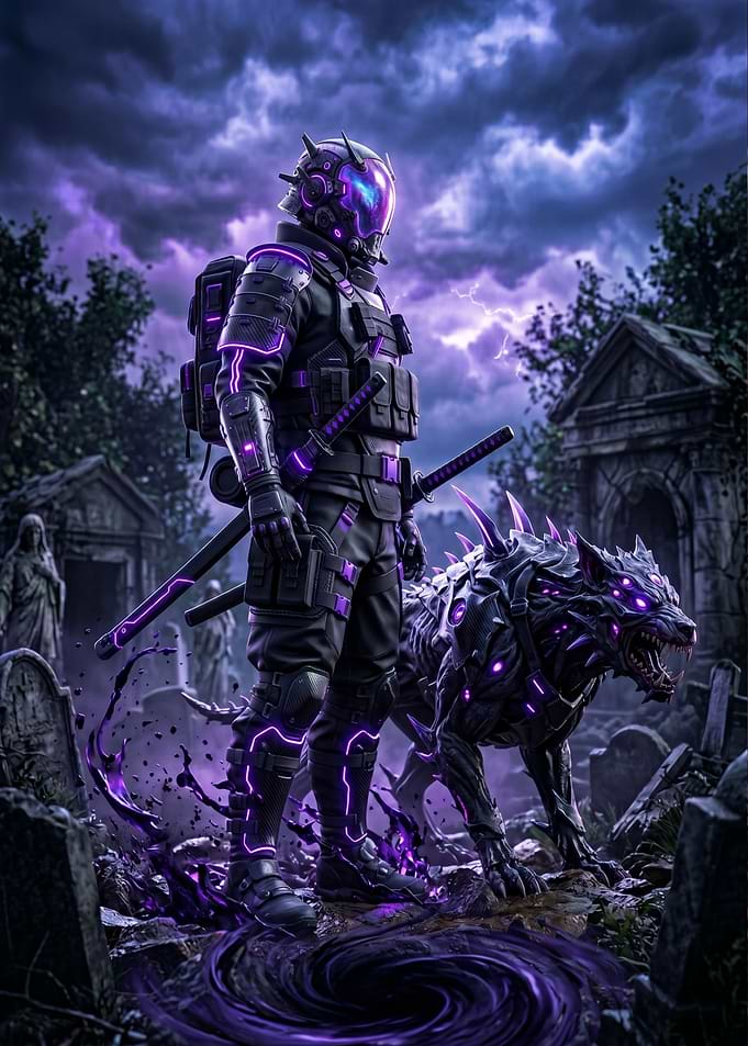 Cyberpunk Warrior and Wolf in Graveyard