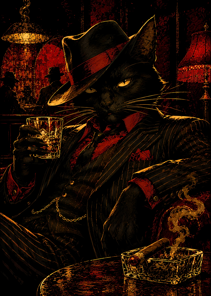 Gangster Cat with Whiskey and Cigar
