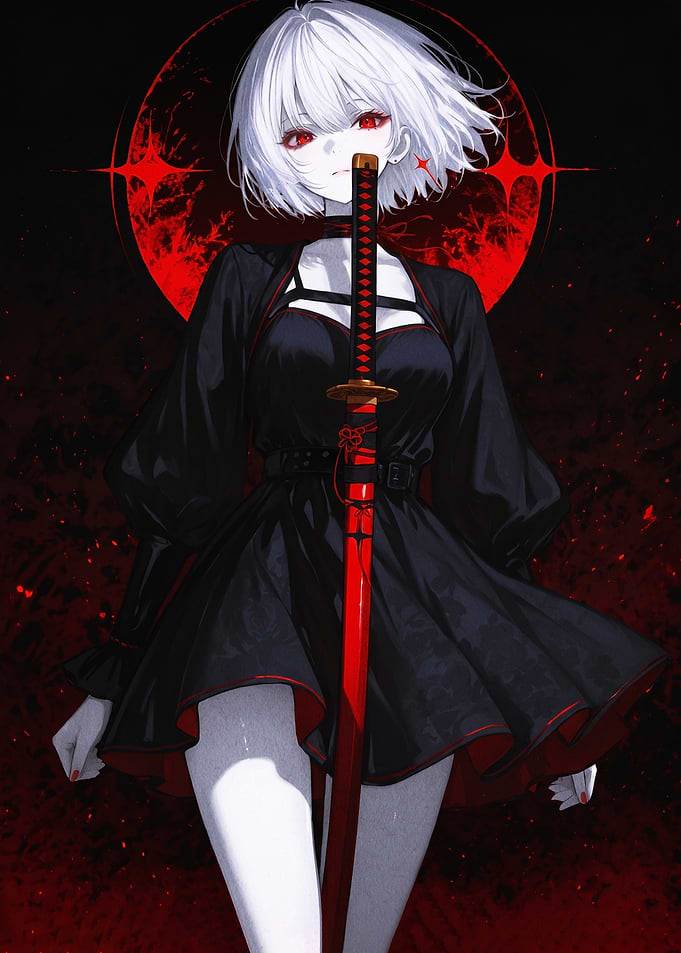 Anime Girl with Katana and Red Moon