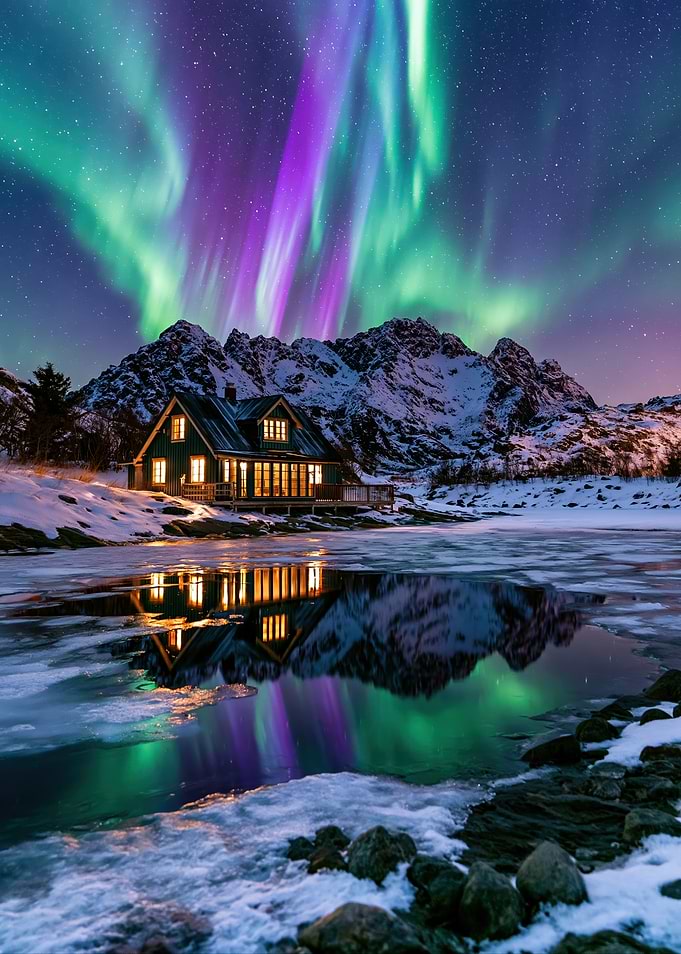 Aurora Borealis over Snowy Cabin