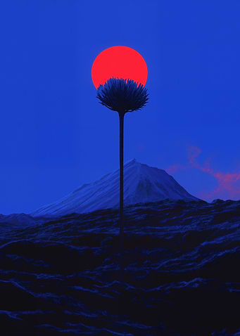 Surreal Landscape with Red Sun and Flower
