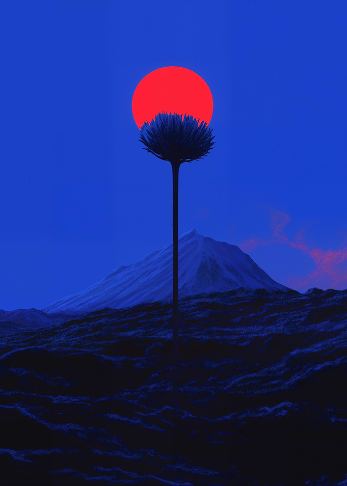 Surreal Landscape with Red Sun and Flower