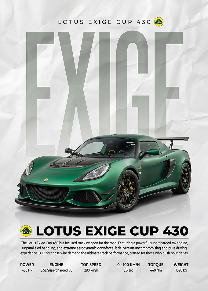 sleek Lotus Exige Cup 430 Sports Car green poster