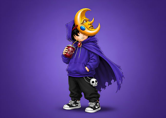 Character with Moon Mask and Skull Accessories