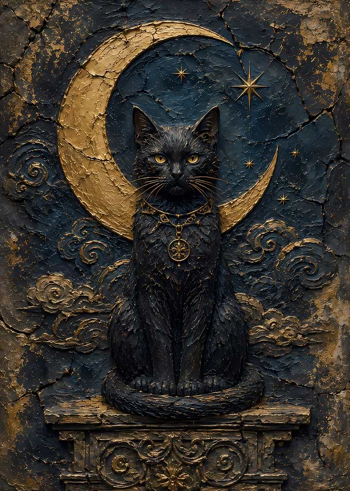 Black Cat with Crescent Moon and Stars