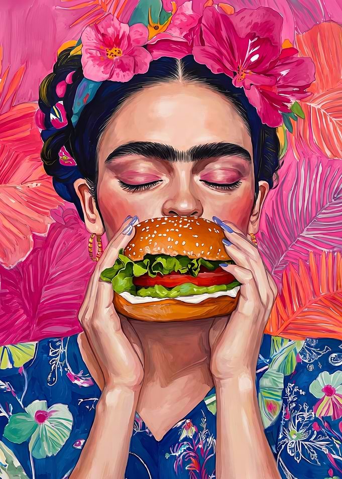 Frida Kahlo eating a burger