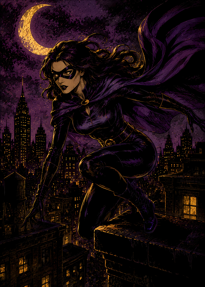 Superheroine on a Rooftop at Night