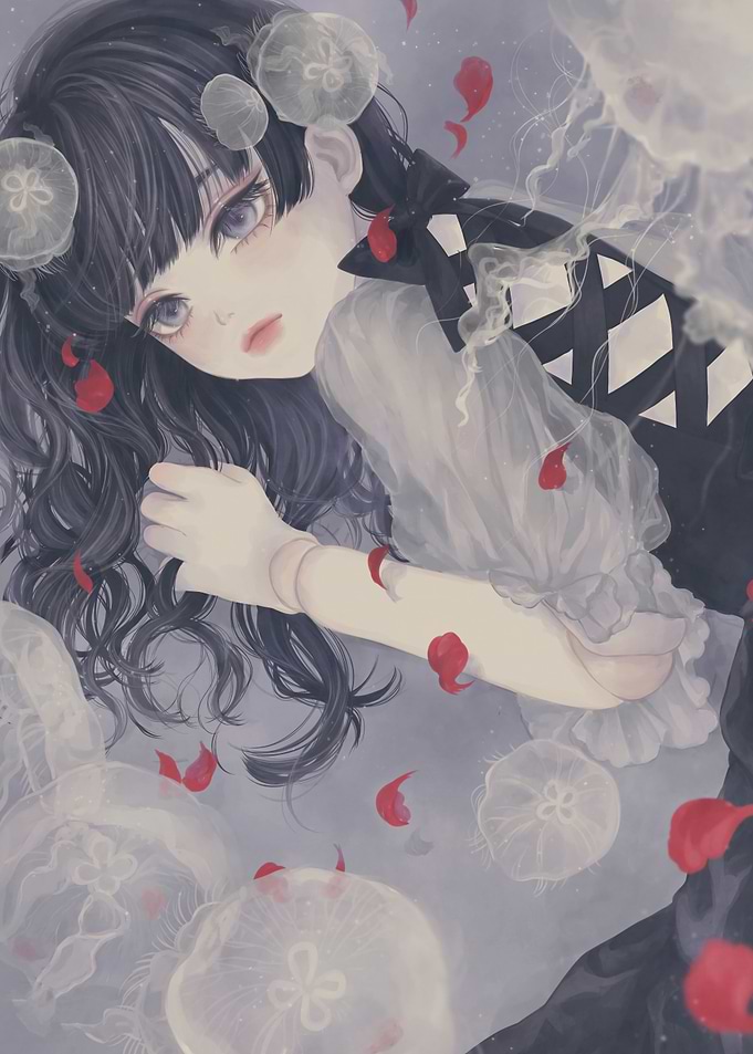 Anime Girl with Jellyfish and Petals