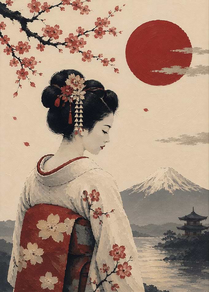 Geisha with Mount Fuji and Cherry Blossoms