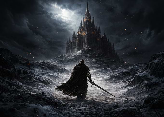 Knight approaches dark castle