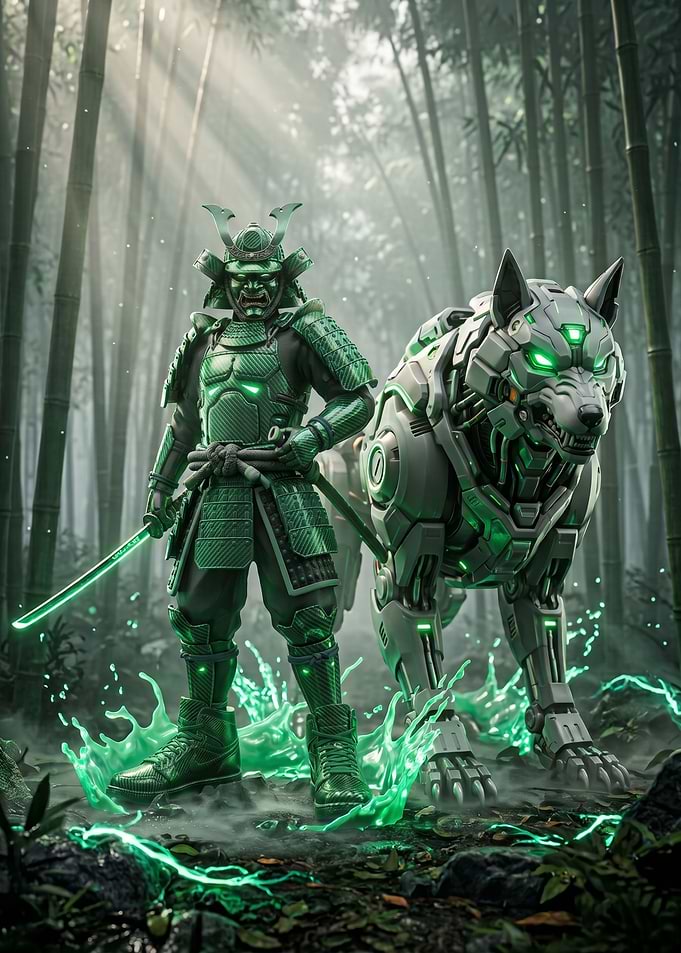 Cyberpunk Samurai and Wolf
