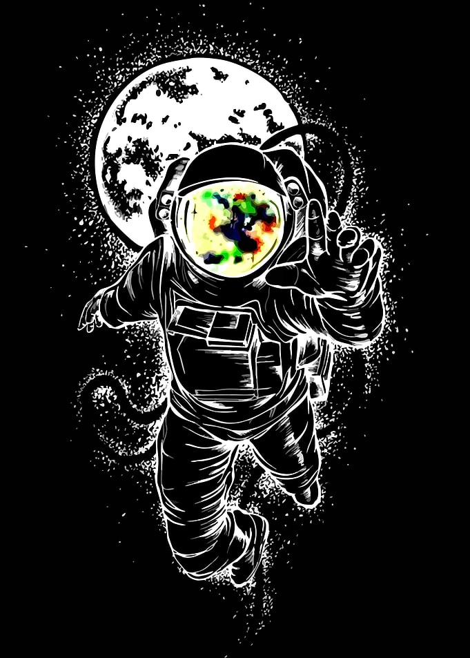 Astronaut floating in space with moon