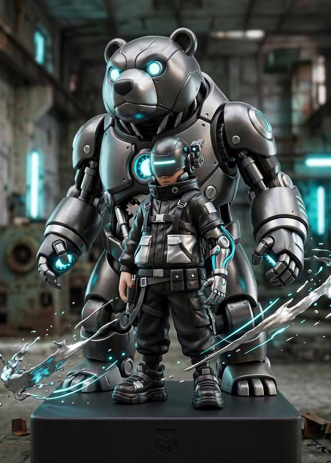 Cyberpunk Bear Mech and Pilot