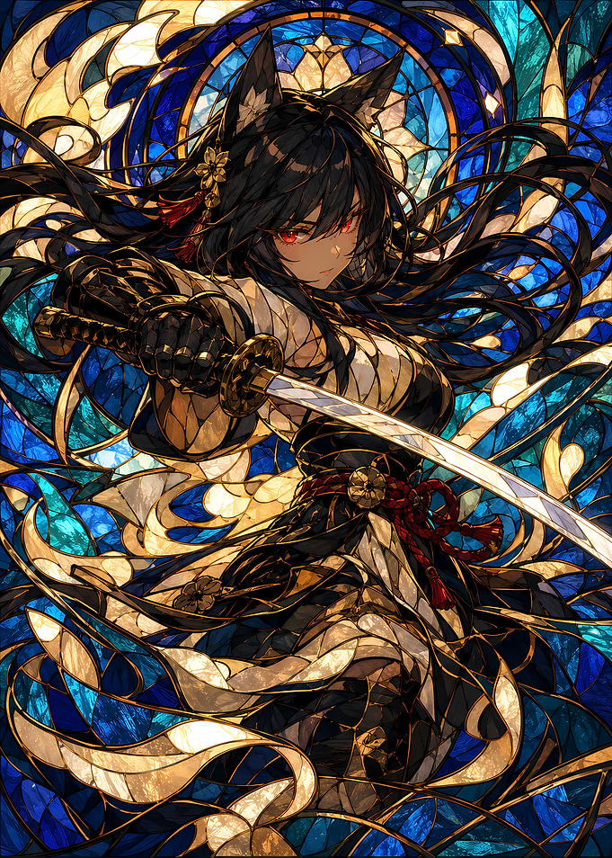 Anime Girl with Katana in Stained Glass