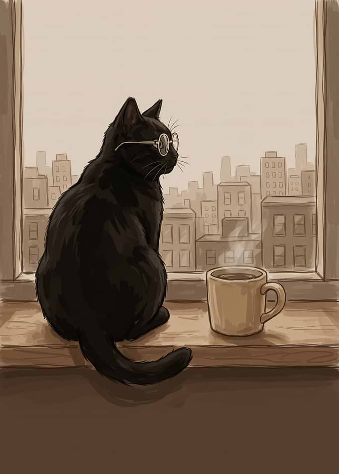 Black cat with glasses and coffee
