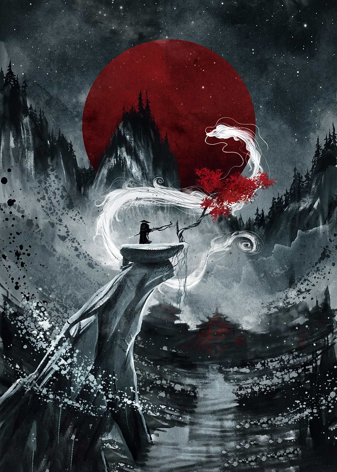 Samurai and Dragon in a Mystical Landscape